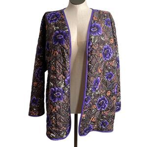 Vtg Lucky Winner Womens Quilted Housecoat Purple Floral Made in USA